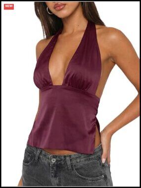 Women's Satin Deep V Neck Halter Crop Top Backless Tie Y2K Party